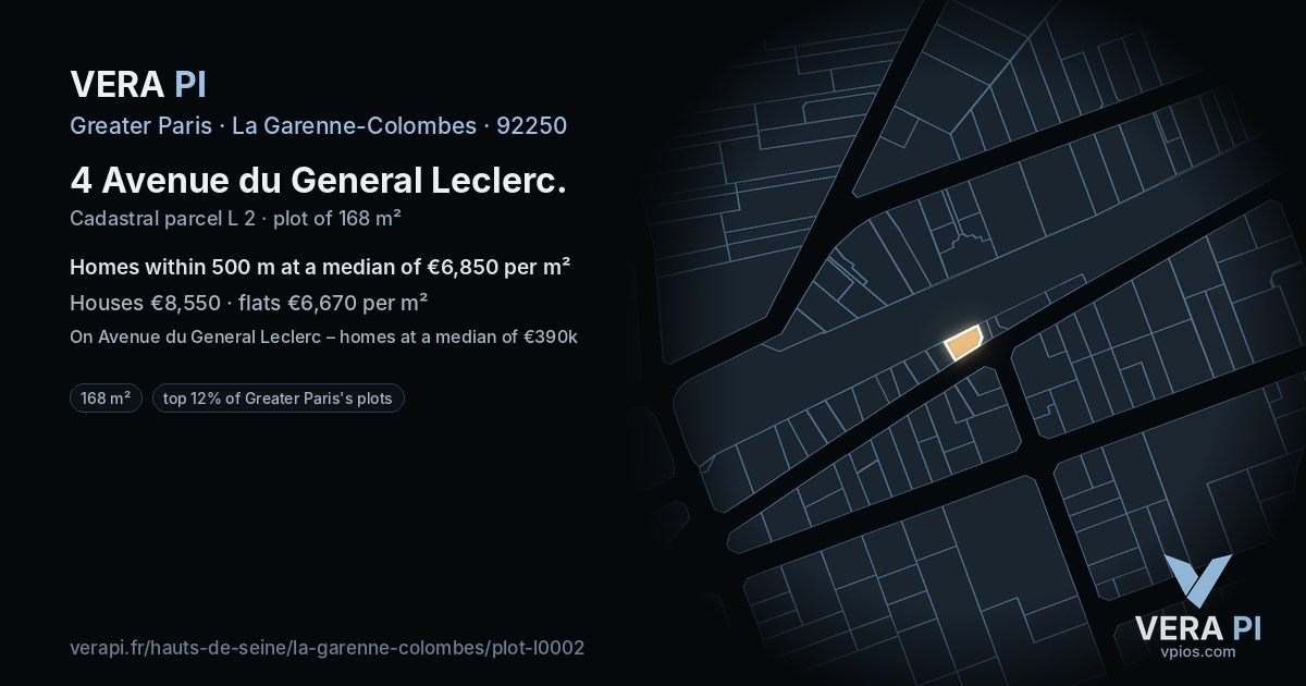 4 Avenue du General Leclerc, La Garenne-Colombes at night – the plot lit, the parcels around coloured by the prices near them