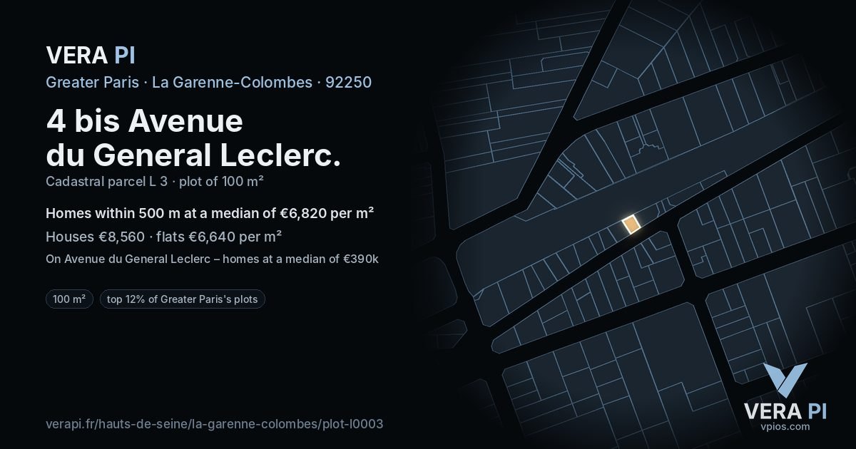 4 bis Avenue du General Leclerc, La Garenne-Colombes at night – the plot lit, the parcels around coloured by the prices near them