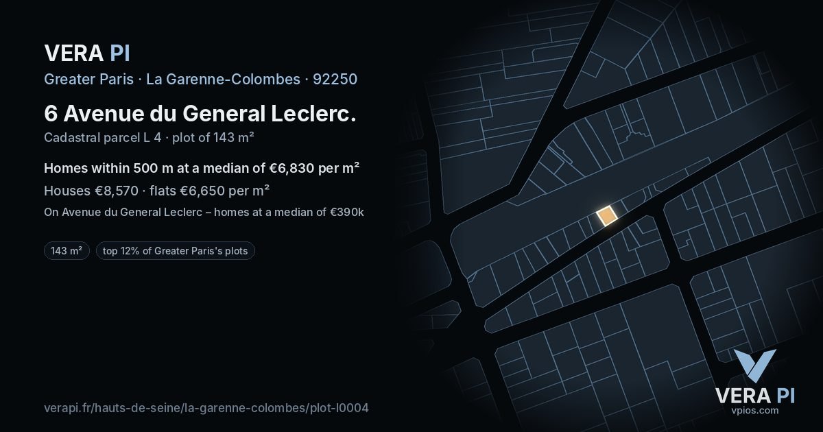 6 Avenue du General Leclerc, La Garenne-Colombes at night – the plot lit, the parcels around coloured by the prices near them