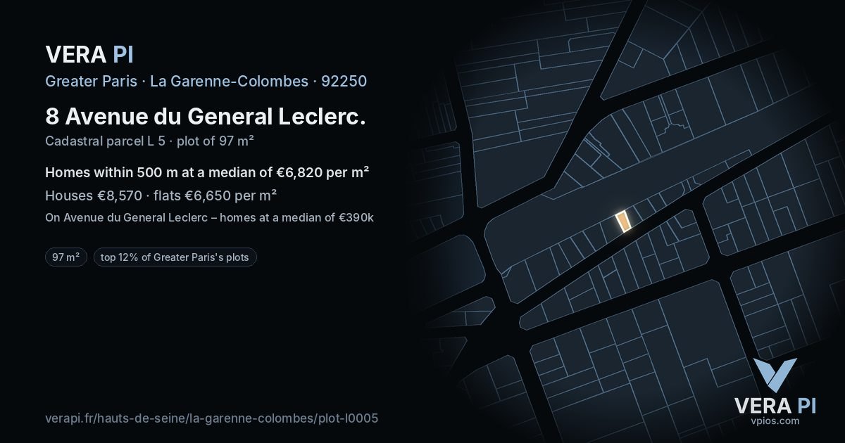 8 Avenue du General Leclerc, La Garenne-Colombes at night – the plot lit, the parcels around coloured by the prices near them