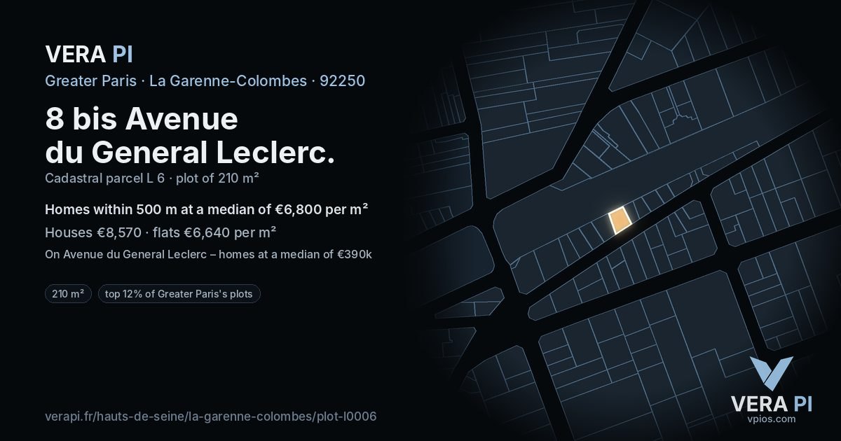 8 bis Avenue du General Leclerc, La Garenne-Colombes at night – the plot lit, the parcels around coloured by the prices near them