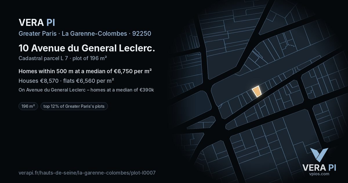 10 Avenue du General Leclerc, La Garenne-Colombes at night – the plot lit, the parcels around coloured by the prices near them
