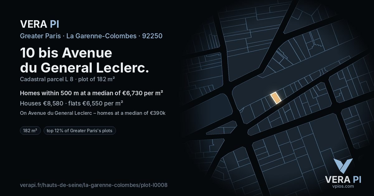 10 bis Avenue du General Leclerc, La Garenne-Colombes at night – the plot lit, the parcels around coloured by the prices near them