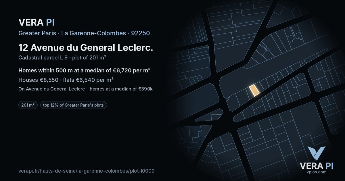 12 Avenue du General Leclerc, La Garenne-Colombes at night – the plot lit, the parcels around coloured by the prices near them