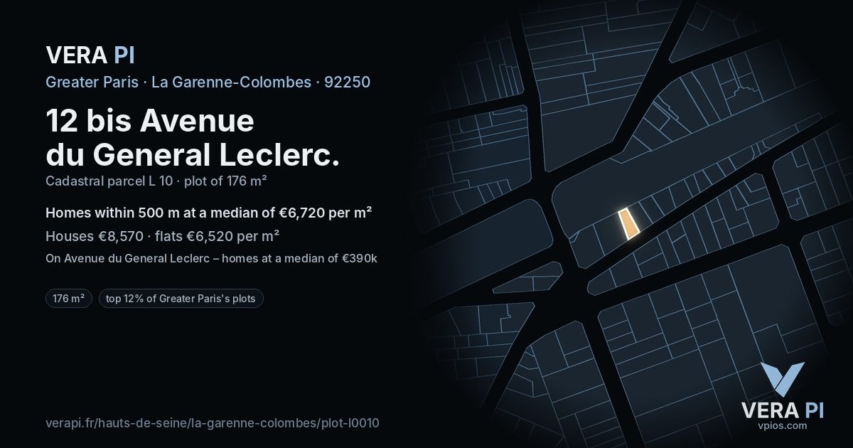 12 bis Avenue du General Leclerc, La Garenne-Colombes at night – the plot lit, the parcels around coloured by the prices near them