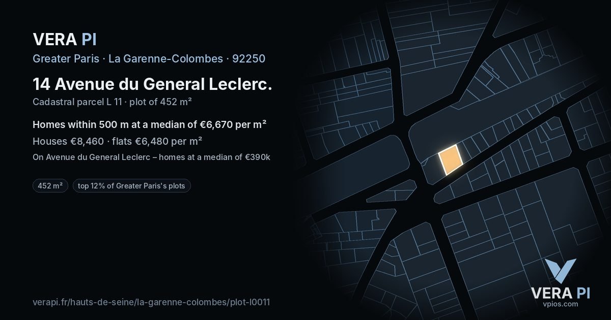 14 Avenue du General Leclerc, La Garenne-Colombes at night – the plot lit, the parcels around coloured by the prices near them