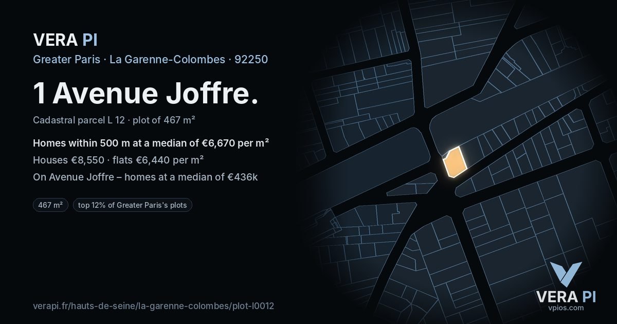 1 Avenue Joffre, La Garenne-Colombes at night – the plot lit, the parcels around coloured by the prices near them