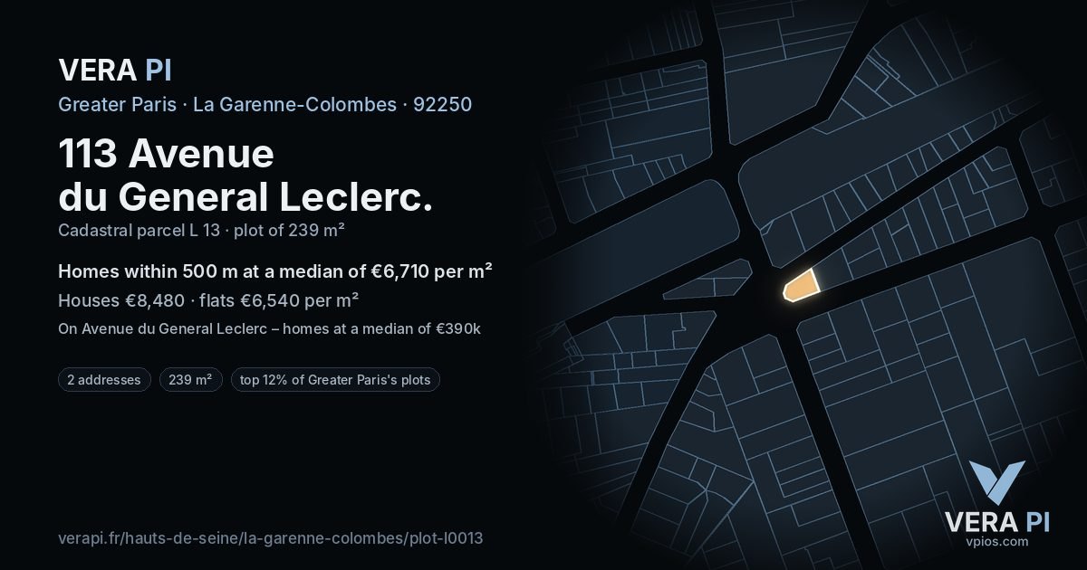113 Avenue du General Leclerc, La Garenne-Colombes at night – the plot lit, the parcels around coloured by the prices near them
