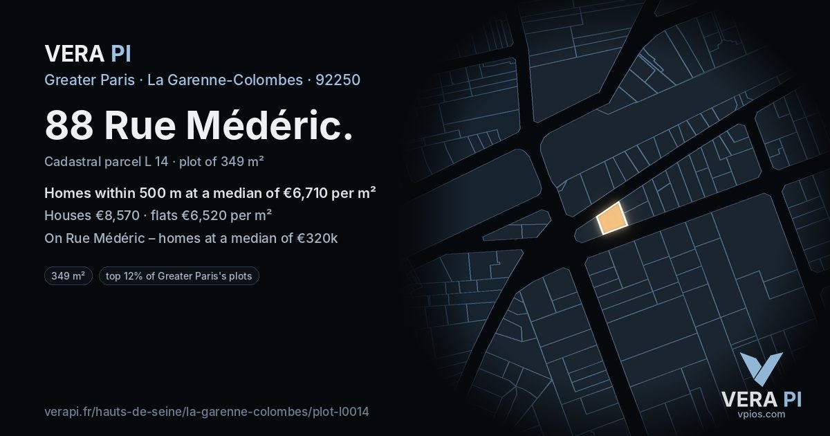 88 Rue Médéric, La Garenne-Colombes at night – the plot lit, the parcels around coloured by the prices near them