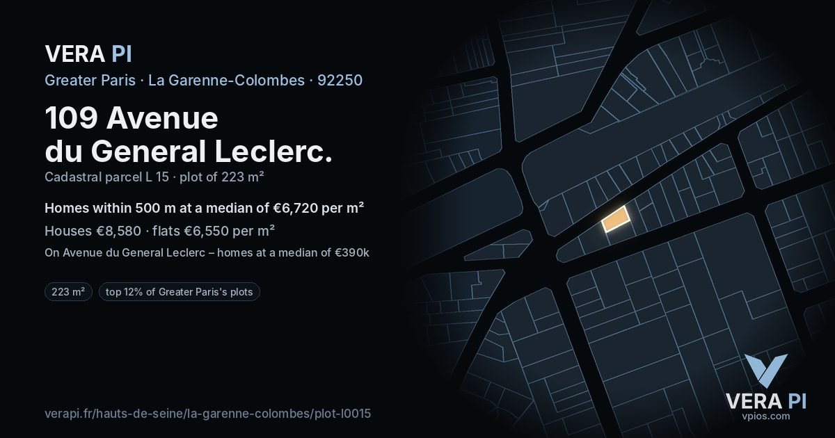 109 Avenue du General Leclerc, La Garenne-Colombes at night – the plot lit, the parcels around coloured by the prices near them