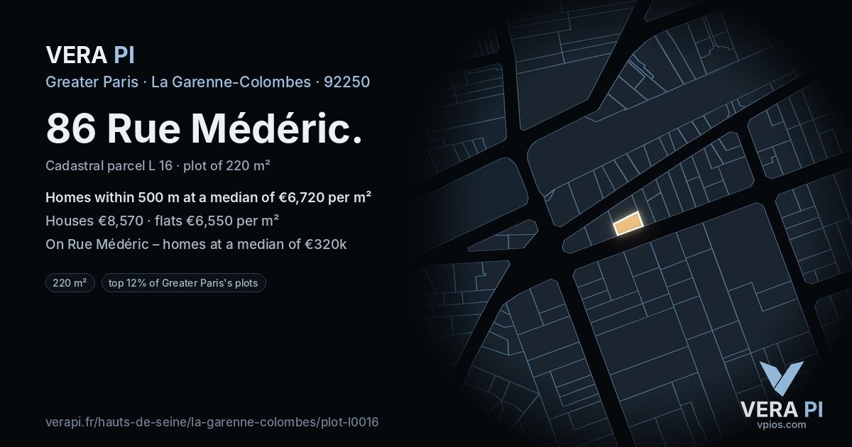 86 Rue Médéric, La Garenne-Colombes at night – the plot lit, the parcels around coloured by the prices near them