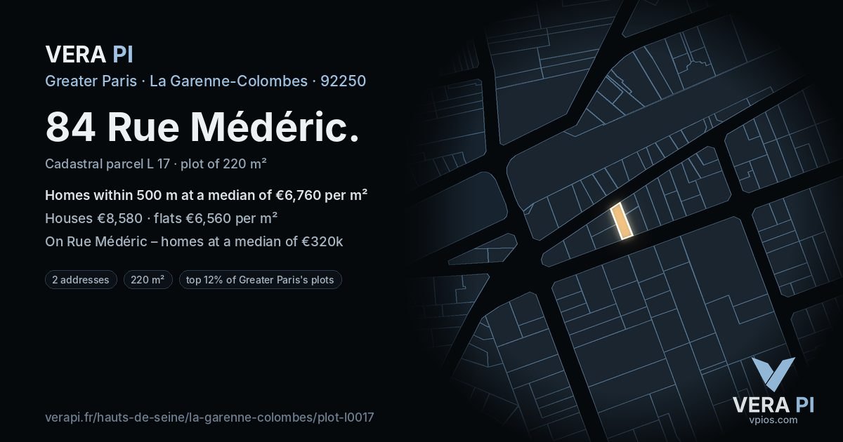 84 Rue Médéric, La Garenne-Colombes at night – the plot lit, the parcels around coloured by the prices near them