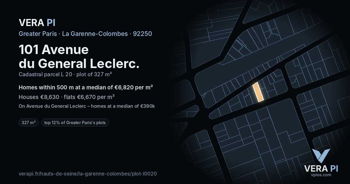 101 Avenue du General Leclerc, La Garenne-Colombes at night – the plot lit, the parcels around coloured by the prices near them