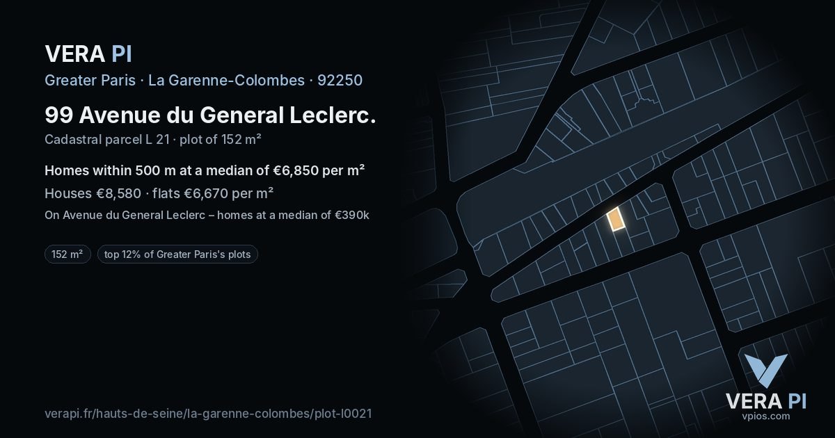 99 Avenue du General Leclerc, La Garenne-Colombes at night – the plot lit, the parcels around coloured by the prices near them