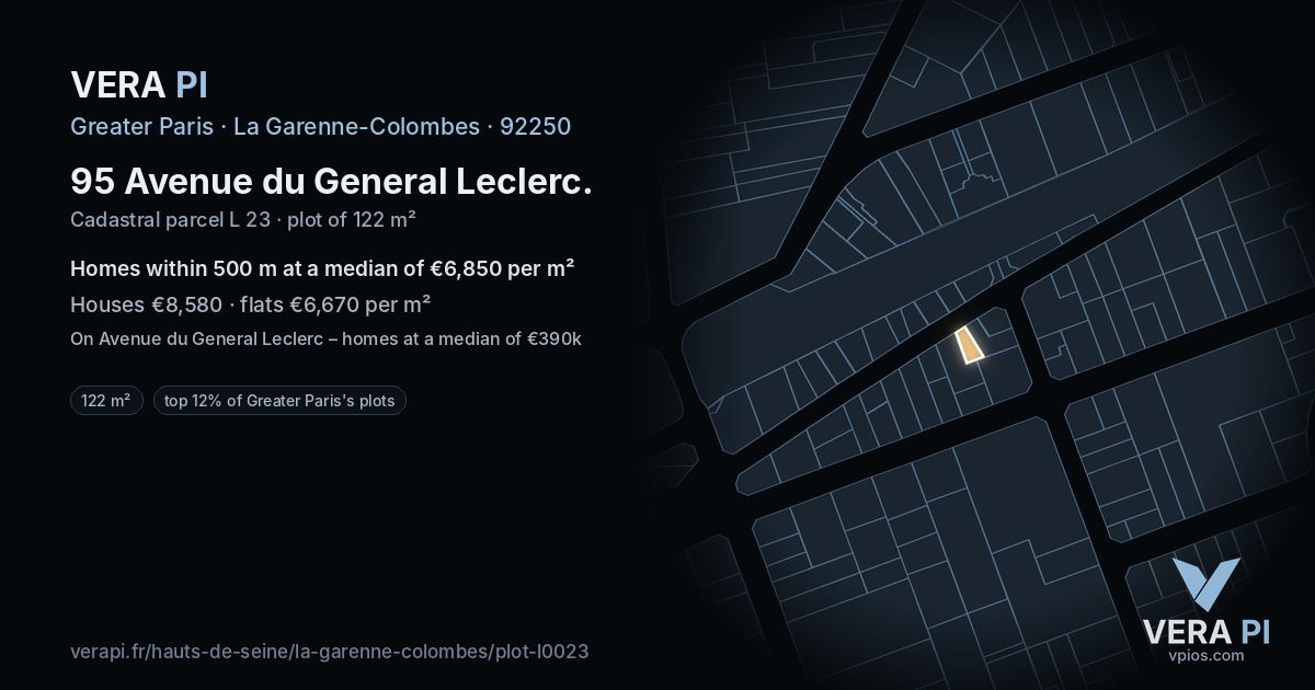 95 Avenue du General Leclerc, La Garenne-Colombes at night – the plot lit, the parcels around coloured by the prices near them