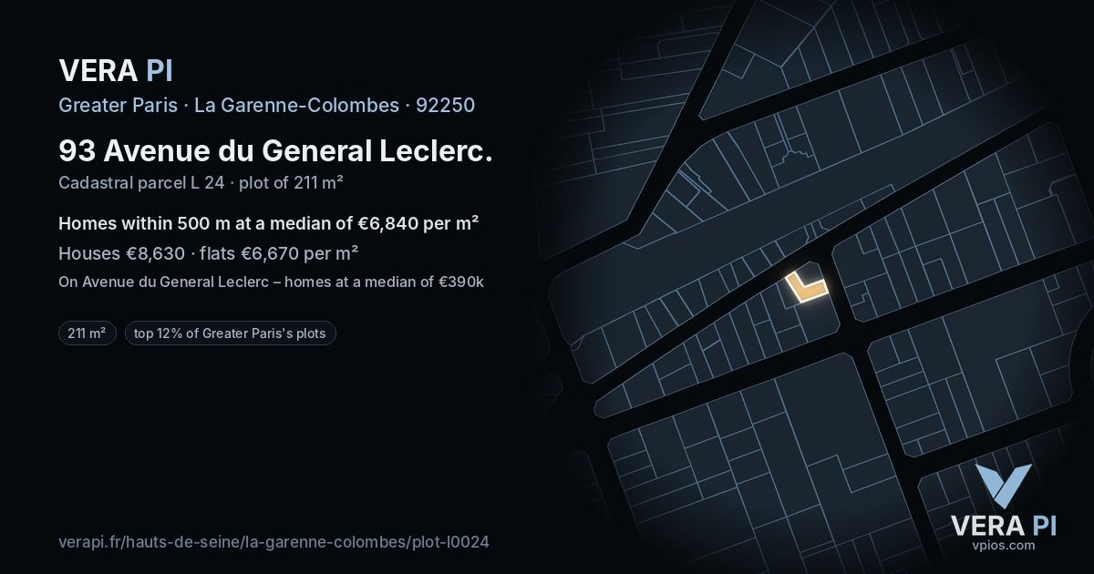 93 Avenue du General Leclerc, La Garenne-Colombes at night – the plot lit, the parcels around coloured by the prices near them