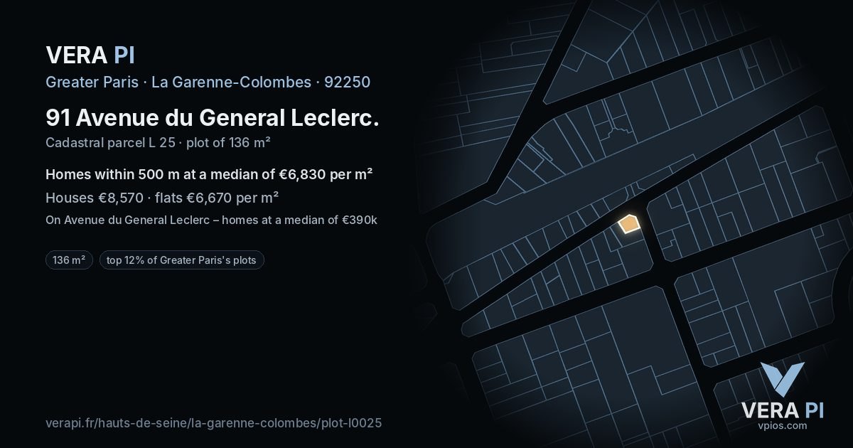 91 Avenue du General Leclerc, La Garenne-Colombes at night – the plot lit, the parcels around coloured by the prices near them