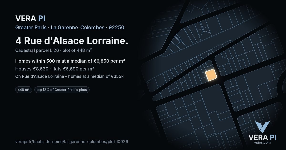 4 Rue d'Alsace Lorraine, La Garenne-Colombes at night – the plot lit, the parcels around coloured by the prices near them