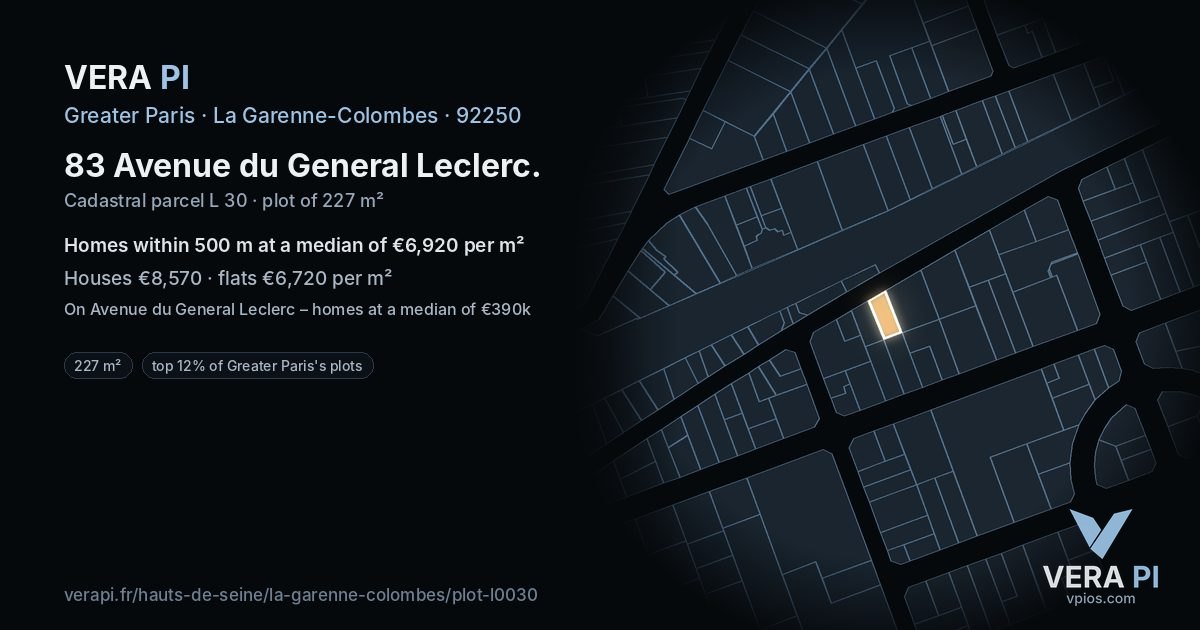 83 Avenue du General Leclerc, La Garenne-Colombes at night – the plot lit, the parcels around coloured by the prices near them