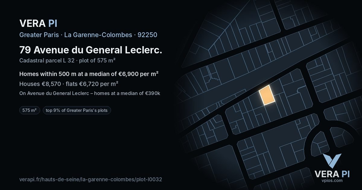 79 Avenue du General Leclerc, La Garenne-Colombes at night – the plot lit, the parcels around coloured by the prices near them
