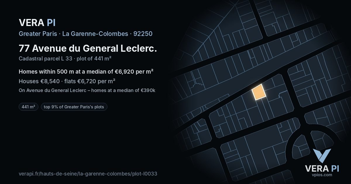 77 Avenue du General Leclerc, La Garenne-Colombes at night – the plot lit, the parcels around coloured by the prices near them