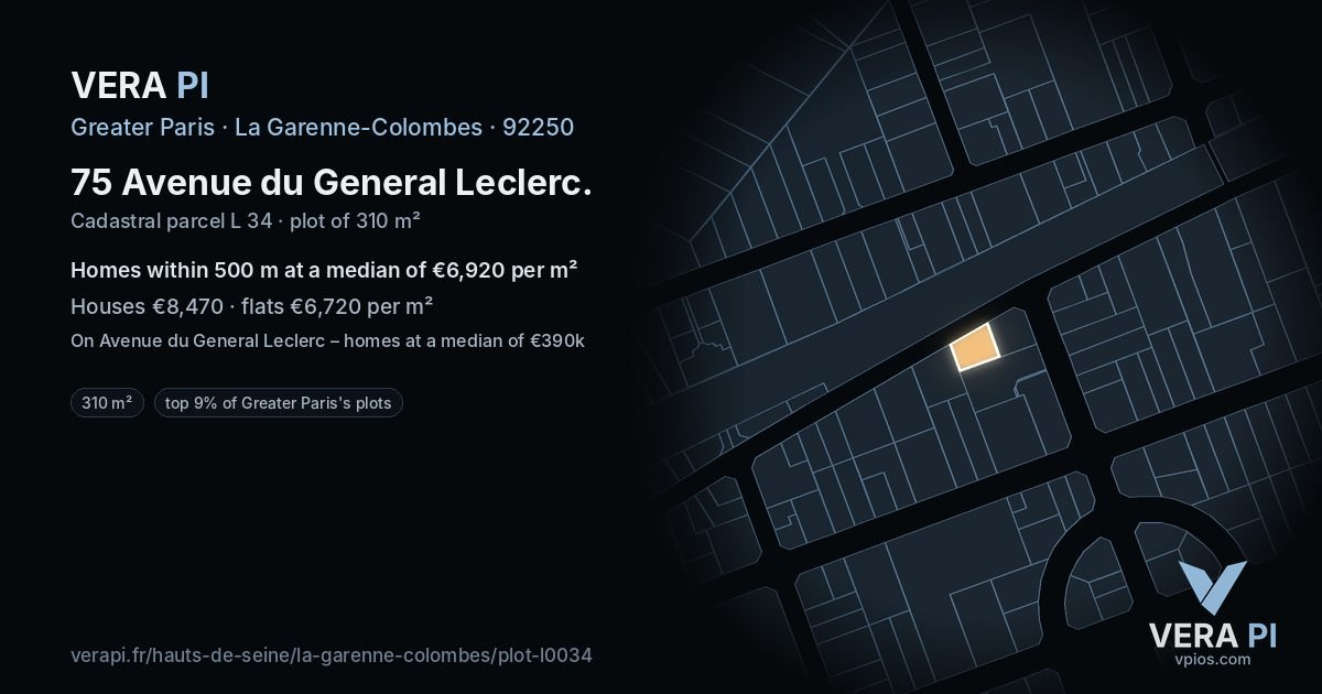 75 Avenue du General Leclerc, La Garenne-Colombes at night – the plot lit, the parcels around coloured by the prices near them