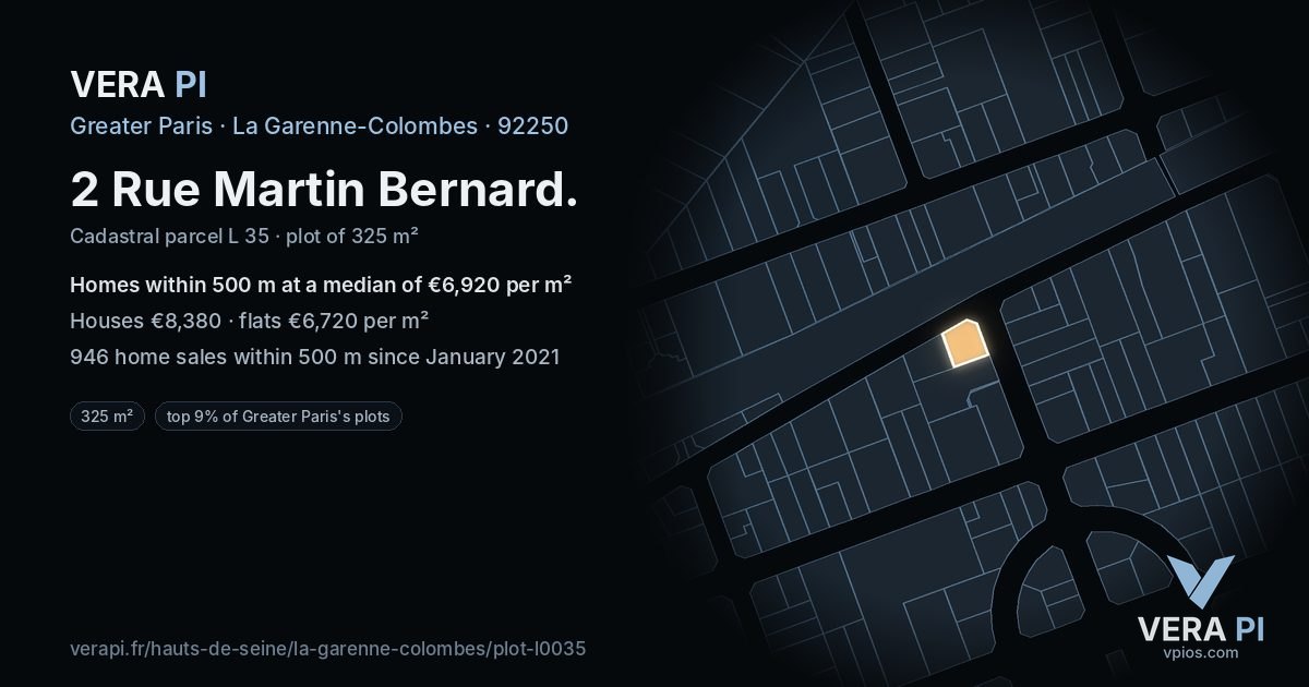 2 Rue Martin Bernard, La Garenne-Colombes at night – the plot lit, the parcels around coloured by the prices near them
