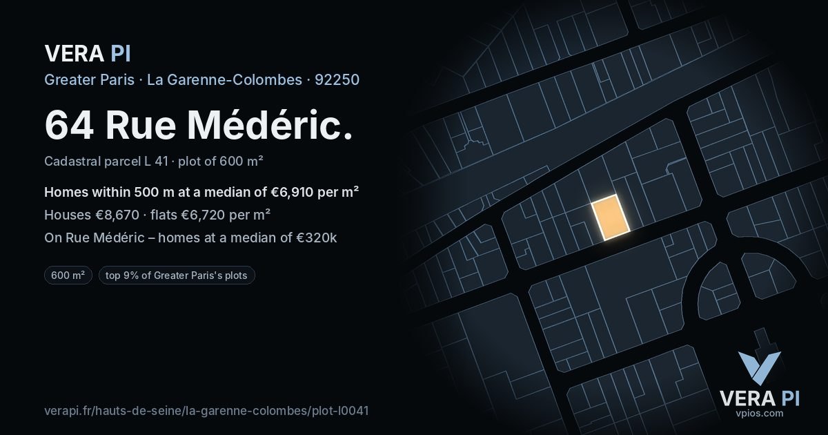 64 Rue Médéric, La Garenne-Colombes at night – the plot lit, the parcels around coloured by the prices near them
