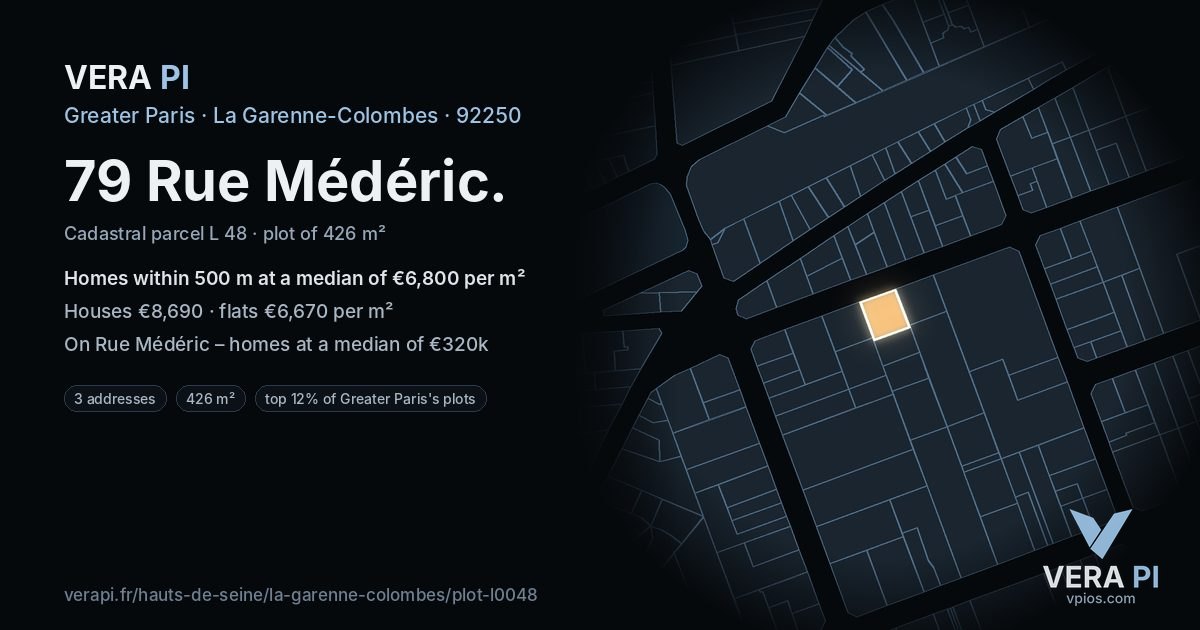 79 Rue Médéric, La Garenne-Colombes at night – the plot lit, the parcels around coloured by the prices near them