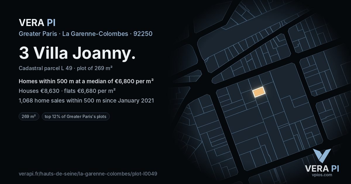 3 Villa Joanny, La Garenne-Colombes at night – the plot lit, the parcels around coloured by the prices near them