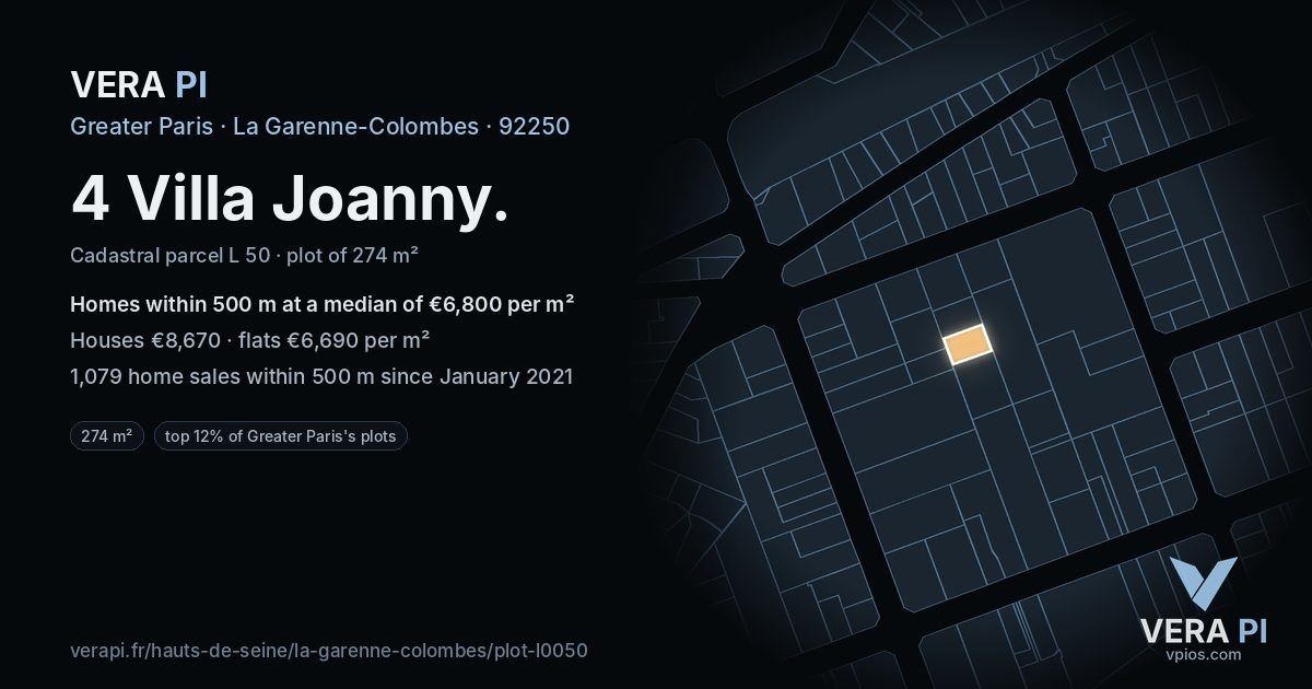 4 Villa Joanny, La Garenne-Colombes at night – the plot lit, the parcels around coloured by the prices near them