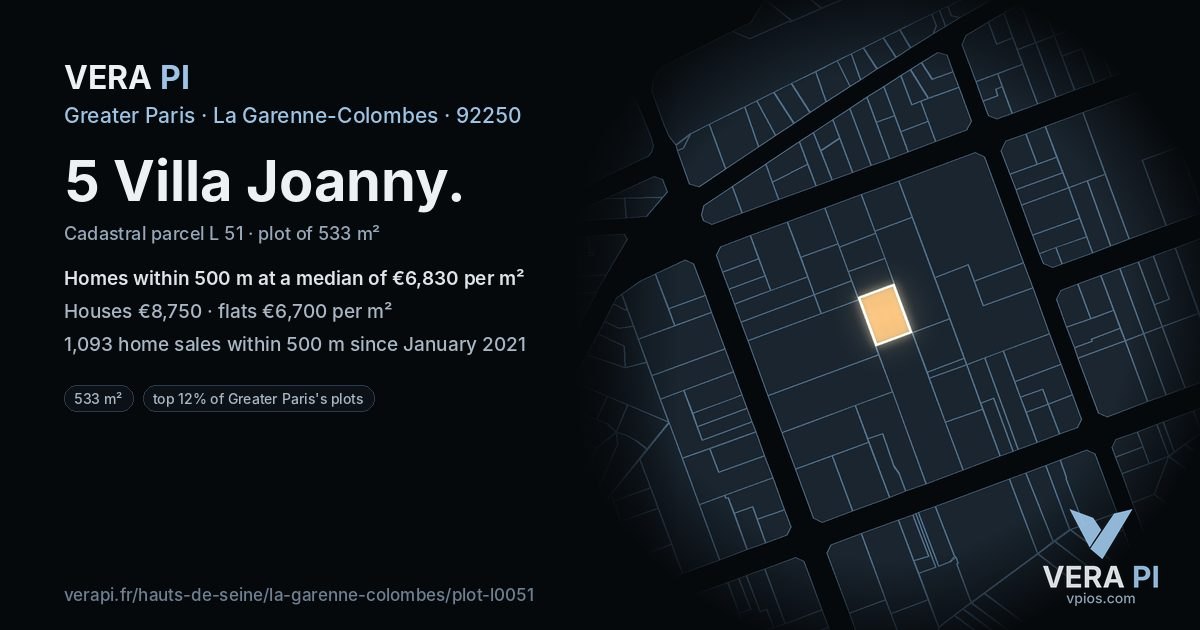 5 Villa Joanny, La Garenne-Colombes at night – the plot lit, the parcels around coloured by the prices near them