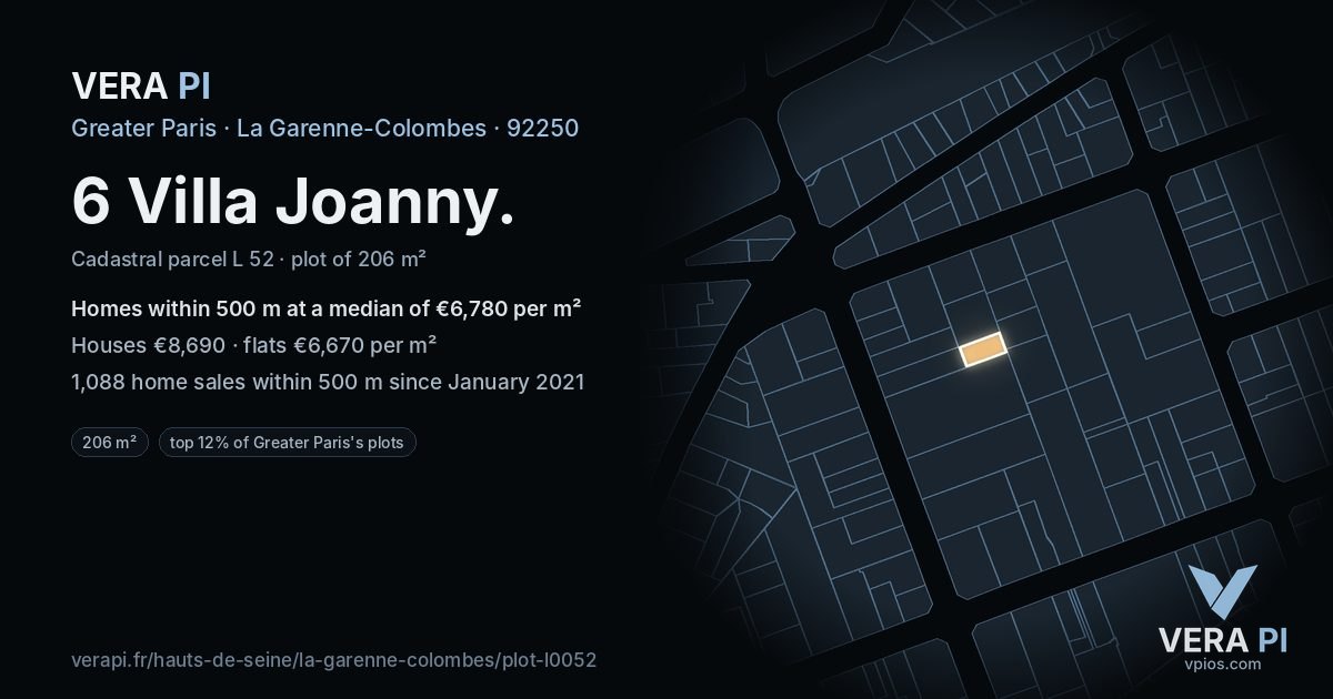 6 Villa Joanny, La Garenne-Colombes at night – the plot lit, the parcels around coloured by the prices near them