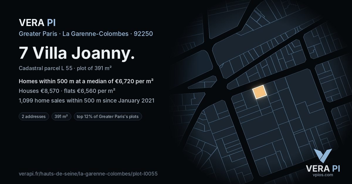 7 Villa Joanny, La Garenne-Colombes at night – the plot lit, the parcels around coloured by the prices near them