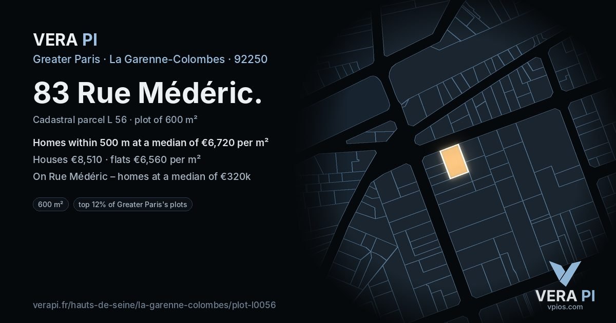 83 Rue Médéric, La Garenne-Colombes at night – the plot lit, the parcels around coloured by the prices near them
