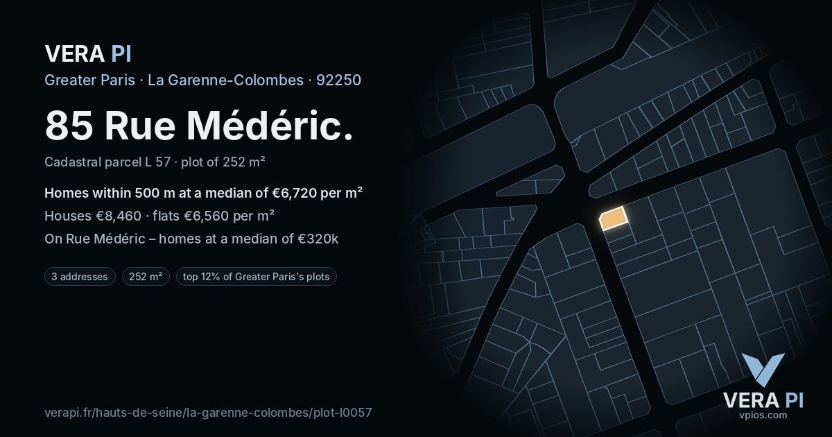 85 Rue Médéric, La Garenne-Colombes at night – the plot lit, the parcels around coloured by the prices near them