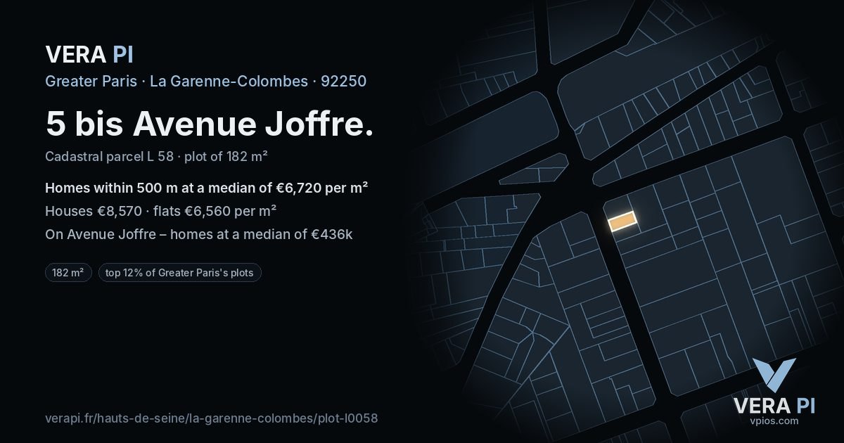 5 bis Avenue Joffre, La Garenne-Colombes at night – the plot lit, the parcels around coloured by the prices near them