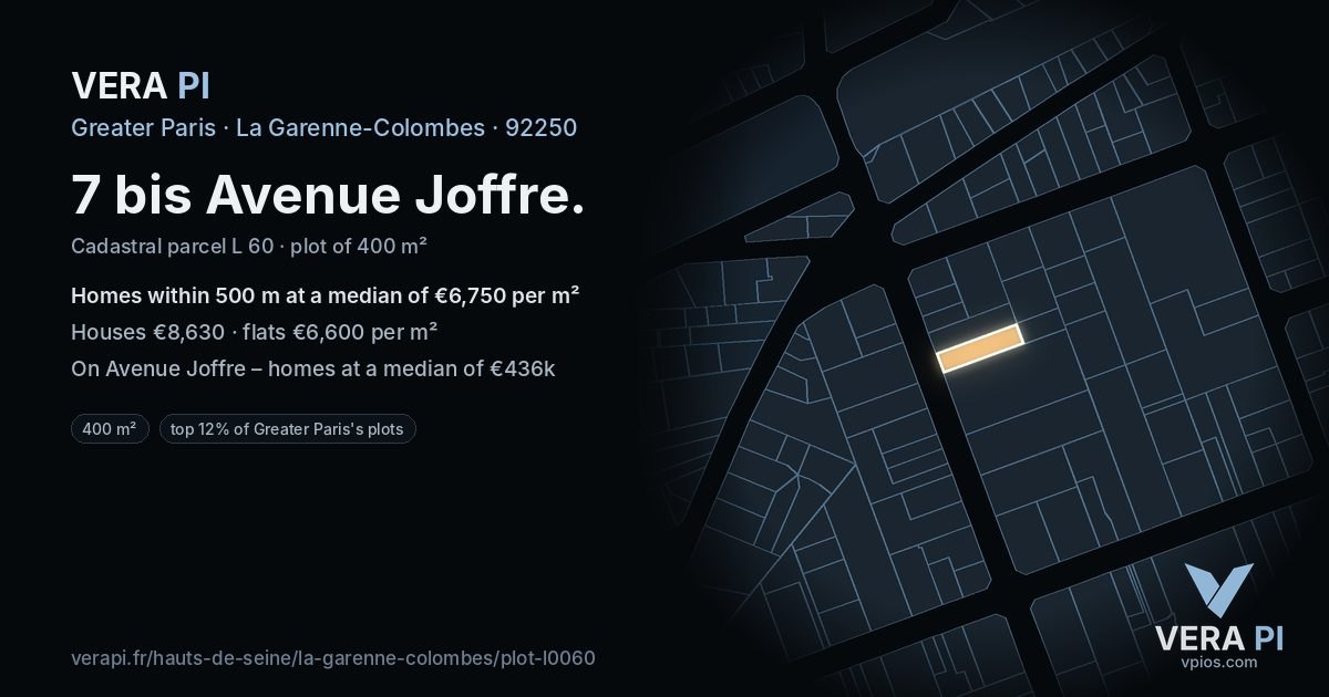7 bis Avenue Joffre, La Garenne-Colombes at night – the plot lit, the parcels around coloured by the prices near them