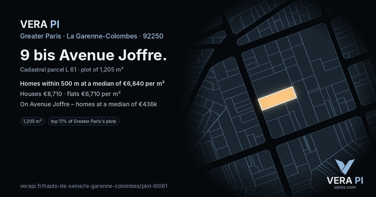 9 bis Avenue Joffre, La Garenne-Colombes at night – the plot lit, the parcels around coloured by the prices near them