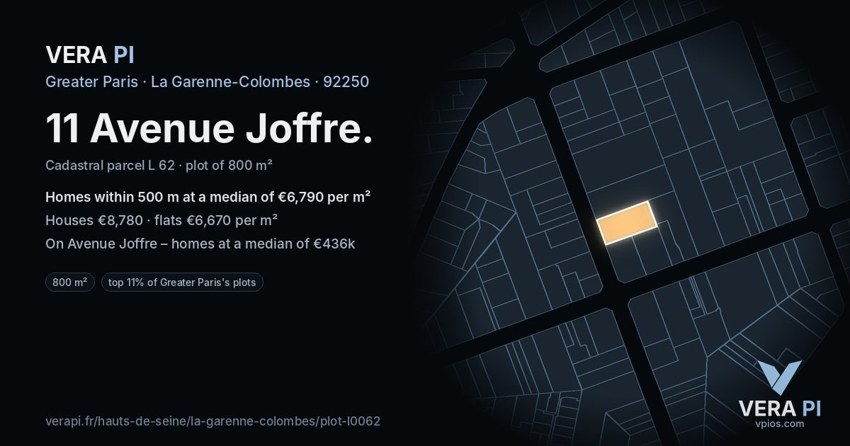 11 Avenue Joffre, La Garenne-Colombes at night – the plot lit, the parcels around coloured by the prices near them