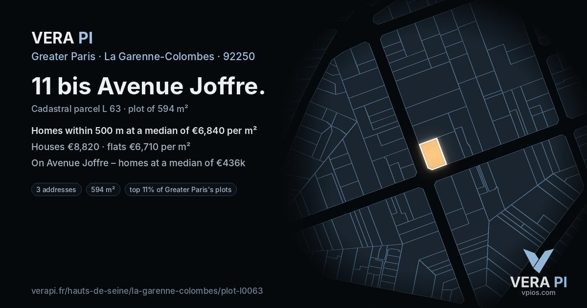11 bis Avenue Joffre, La Garenne-Colombes at night – the plot lit, the parcels around coloured by the prices near them