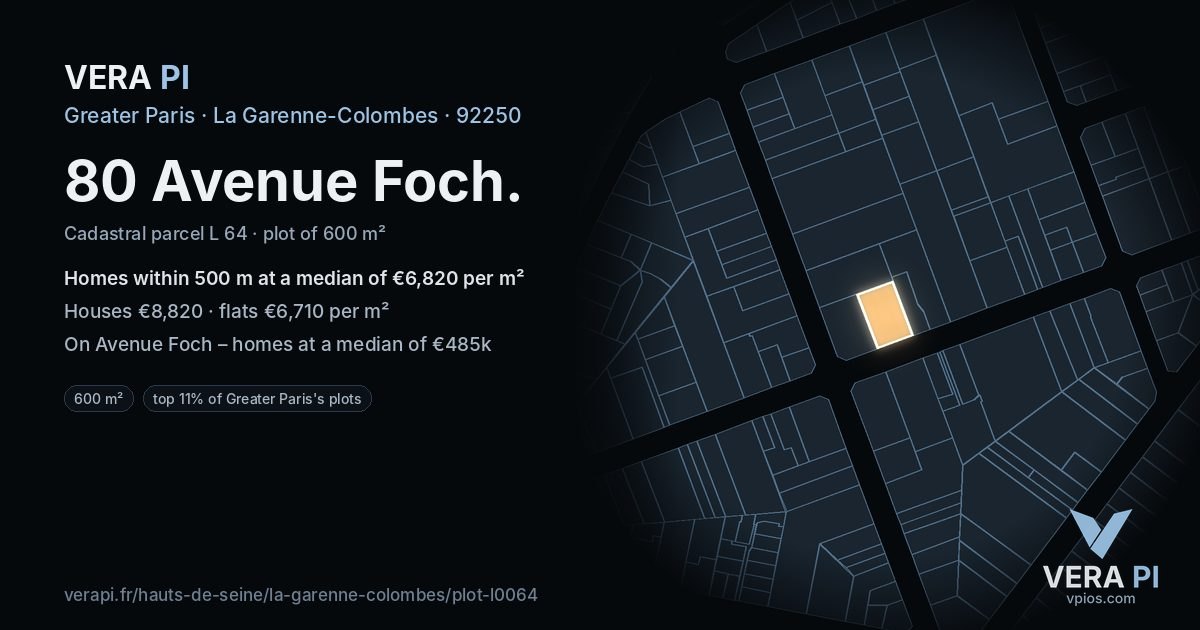 80 Avenue Foch, La Garenne-Colombes at night – the plot lit, the parcels around coloured by the prices near them