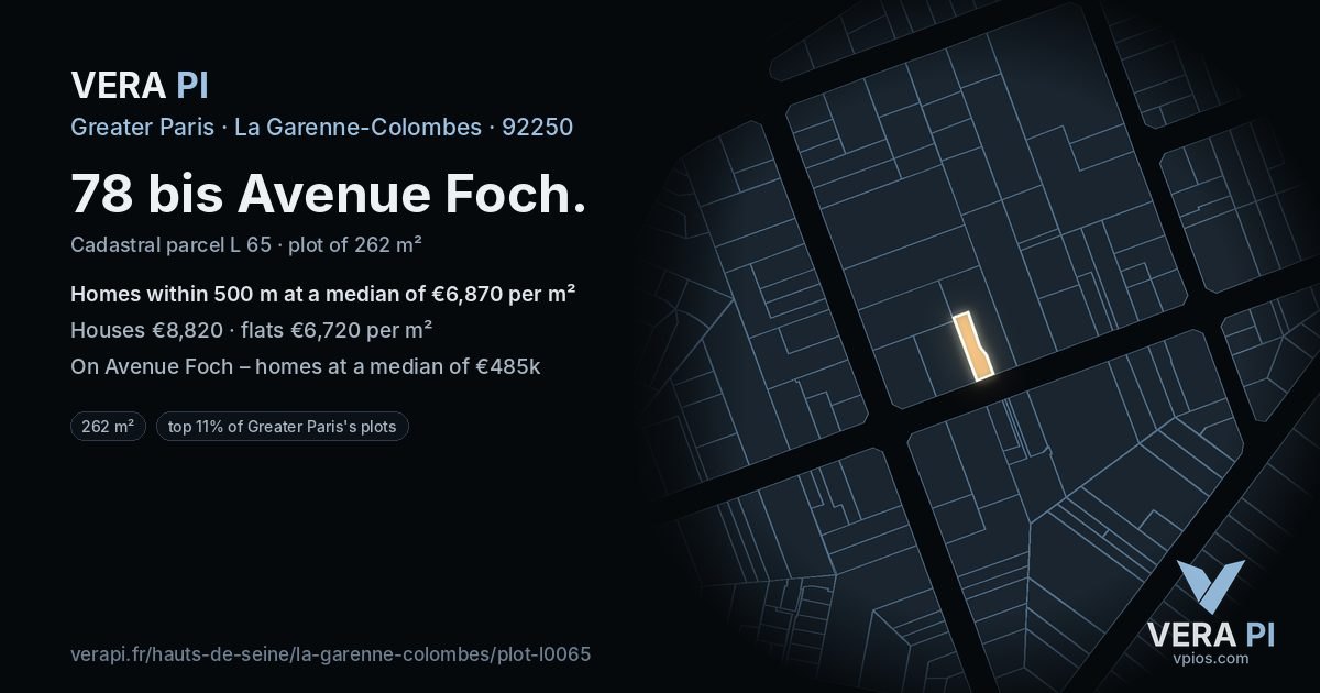 78 bis Avenue Foch, La Garenne-Colombes at night – the plot lit, the parcels around coloured by the prices near them