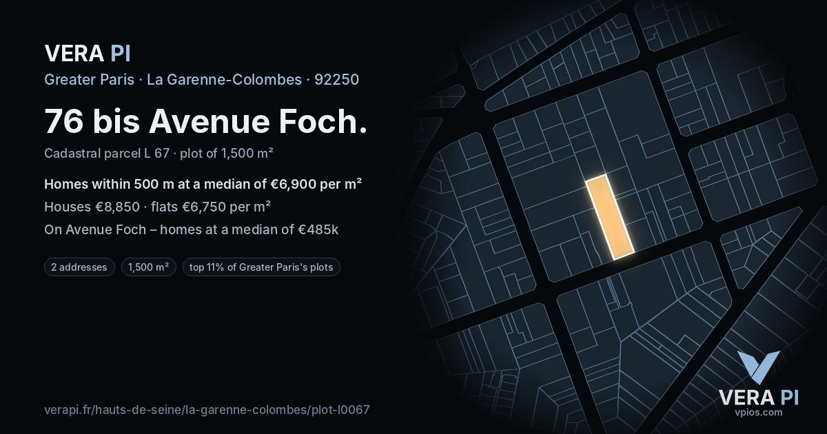 76 bis Avenue Foch, La Garenne-Colombes at night – the plot lit, the parcels around coloured by the prices near them