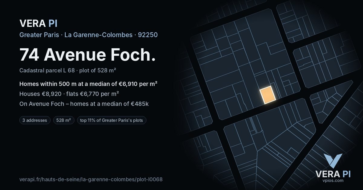 74 Avenue Foch, La Garenne-Colombes at night – the plot lit, the parcels around coloured by the prices near them