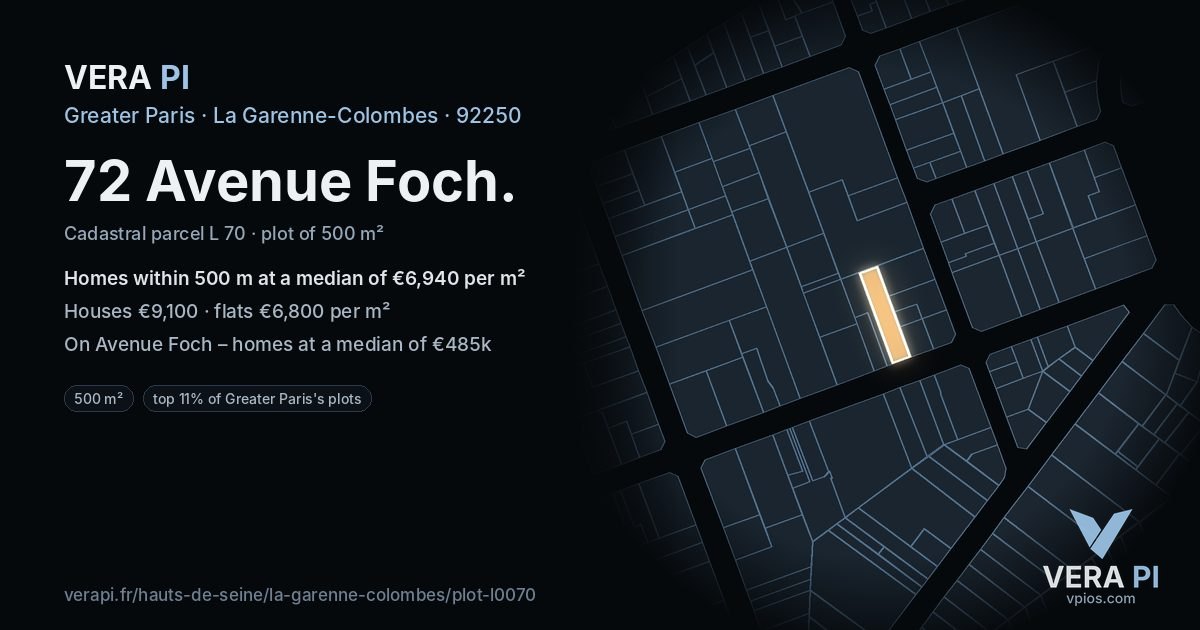 72 Avenue Foch, La Garenne-Colombes at night – the plot lit, the parcels around coloured by the prices near them
