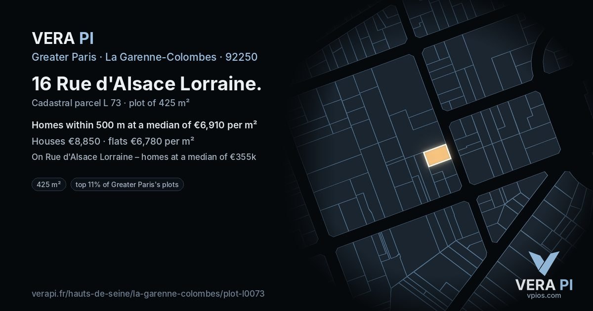 16 Rue d'Alsace Lorraine, La Garenne-Colombes at night – the plot lit, the parcels around coloured by the prices near them