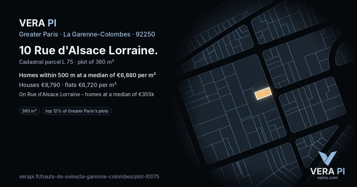 10 Rue d'Alsace Lorraine, La Garenne-Colombes at night – the plot lit, the parcels around coloured by the prices near them
