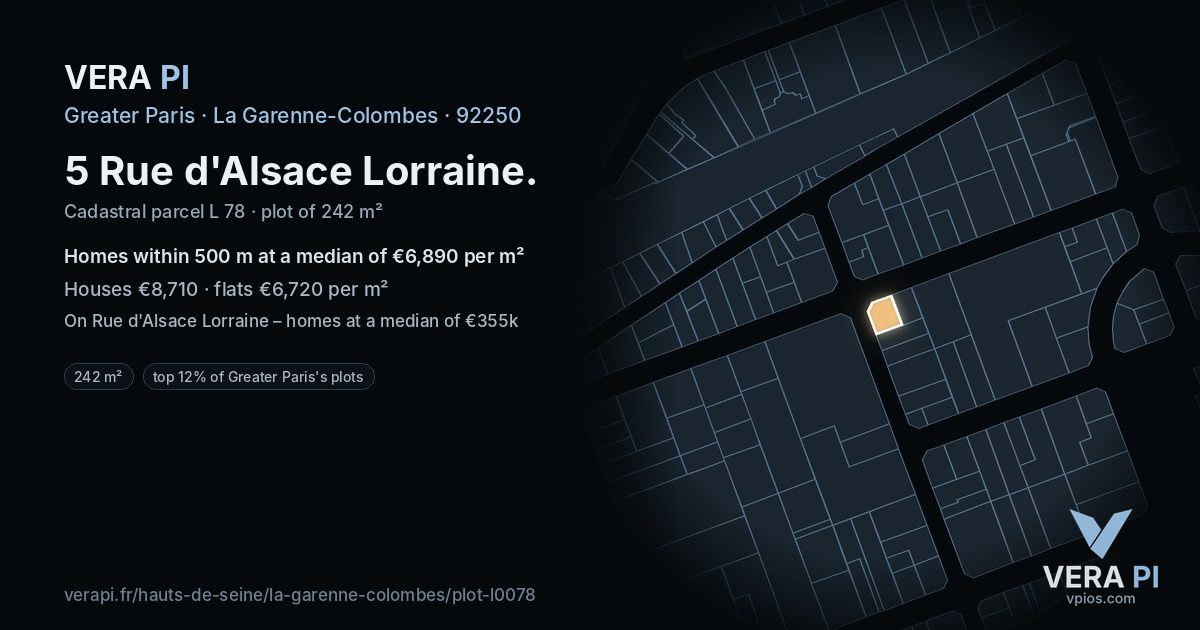 5 Rue d'Alsace Lorraine, La Garenne-Colombes at night – the plot lit, the parcels around coloured by the prices near them