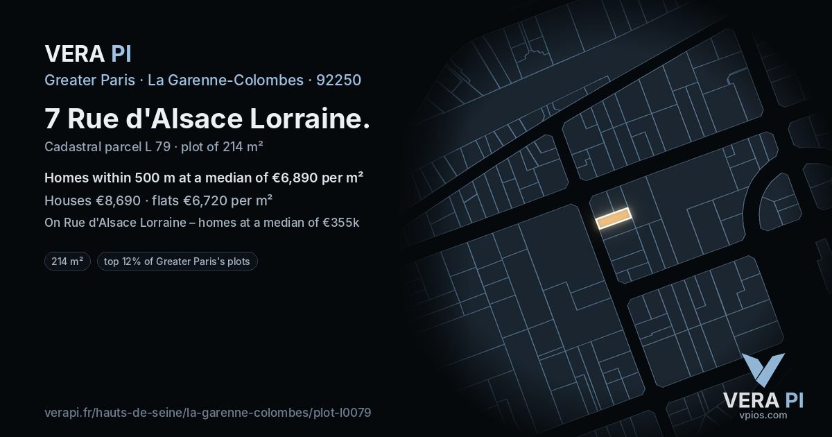 7 Rue d'Alsace Lorraine, La Garenne-Colombes at night – the plot lit, the parcels around coloured by the prices near them